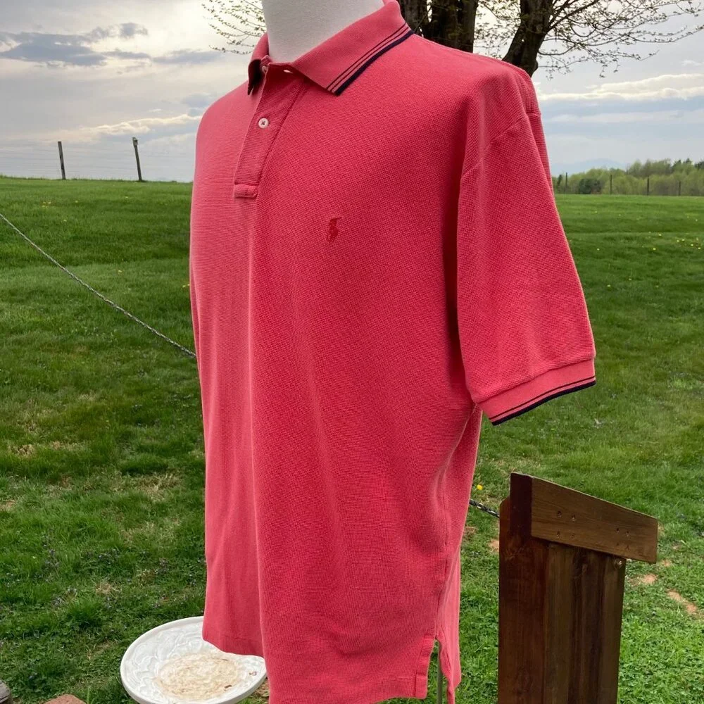 Polo by Ralph Lauren Polo Shirt Coral with Navy Collar Striping Men's Size XL